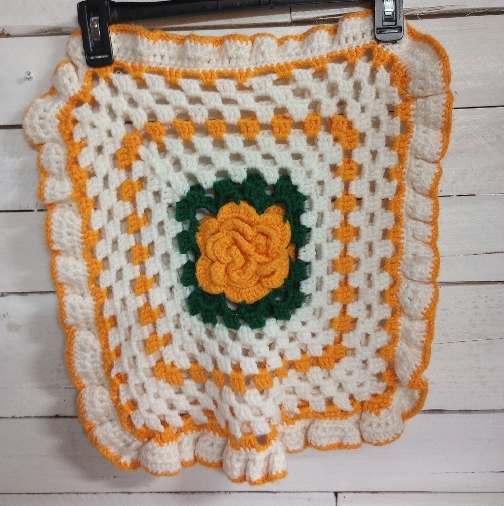 Vintage Crocheted Throw Pillow Cover 14" Yellow White Mid-Century Kitsch Kitschy